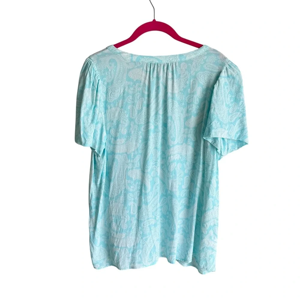 LOFT Light Turquoise Paisley Puff‎ Sleeve Ladies V-Neck Blouse, L